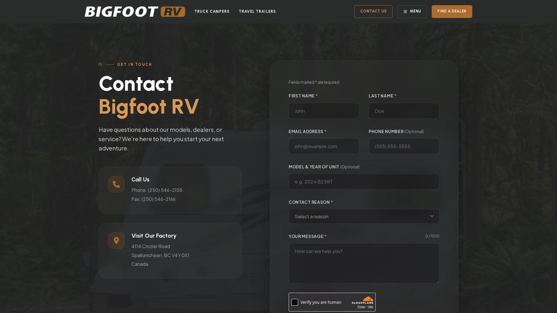 Bigfoot RV contact page (desktop)